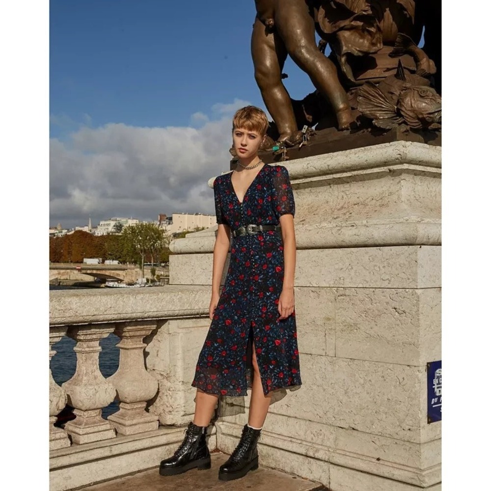 The Kooples Poison‎ Roses Midi Dress Navy/Red Front Button Chiffon 90s Grunge XS